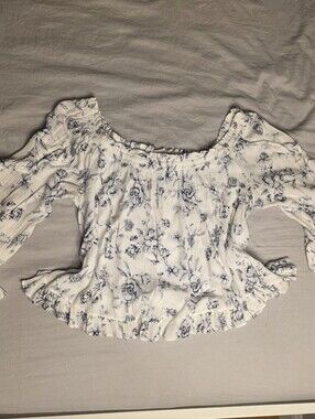 American Eagle White Off-Shoulder Blue Floral Ruffle Blouse
